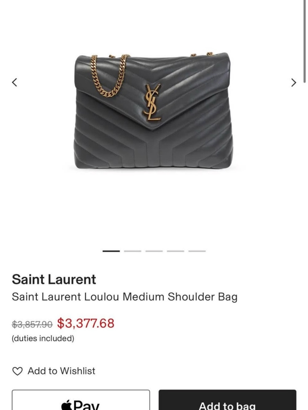 Saint Laurent Quilted Chevron Shoulder Bag in Dark Gray with Gold Hardware